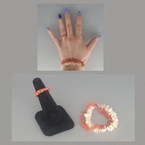 Shells and Coral Beaded Bracelet and Ring Set